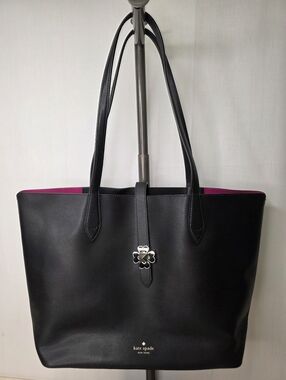 Kate Spade Nicola Twist Lock Large Leather Tote Black Pink Interior